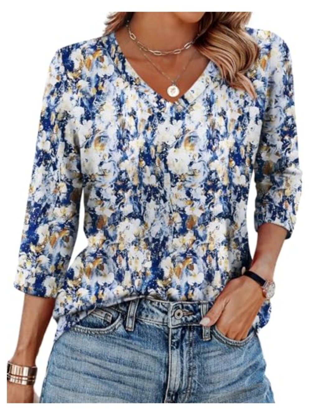 Womens V Neck 3/4 Sleeve Tunic Blouse Floral Print Loose Fit Top
